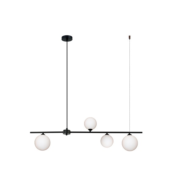 Pendente Linear Metal Preto 4 Globos Vidro Branco Sala Ace75