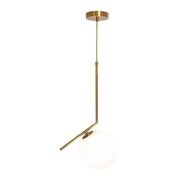 Pendente Ball Dourado Haste Globo Vidro Branco Ø20cm Ace35