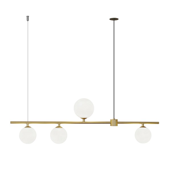 Pendente Metal Linear Bronze Moderno 4 Esferas de Vidro Branco Ace74