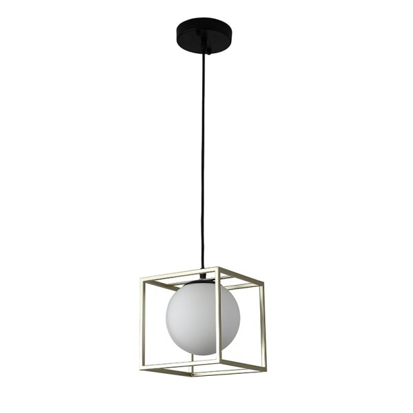Pendente Globo ao Cubo Dourado Esfera Vidro Leitoso Acl66
