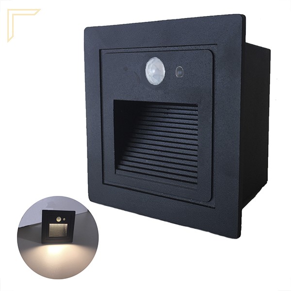 Balizador Parede Led Sensor Presença Embutir Escada Preto Lup72 Balizador Parede Led Sensor Presença Embutir Escada Preto Lup72